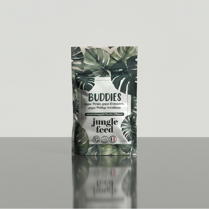 Buddies Jungle Feed Produktbeutel mit Spieglung, minimalistische Studioaufnahme.