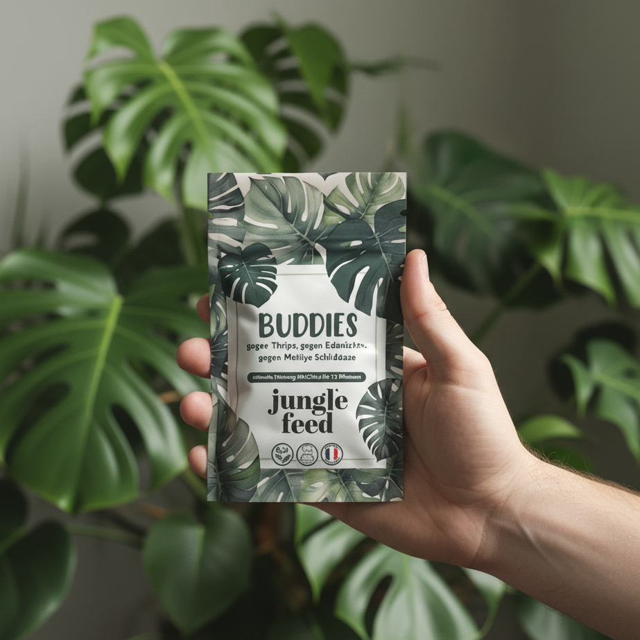 Nahaufnahme einer Hand, die den Buddies Jungle Feed Produktbeutel vor einer Monstera-Pflanze hält.