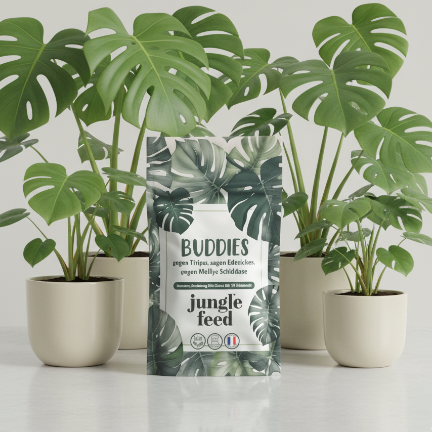 Produktbeutel, Studioaufnahme, vor drei Monstera-Pflanzen in weißen Töpfen.