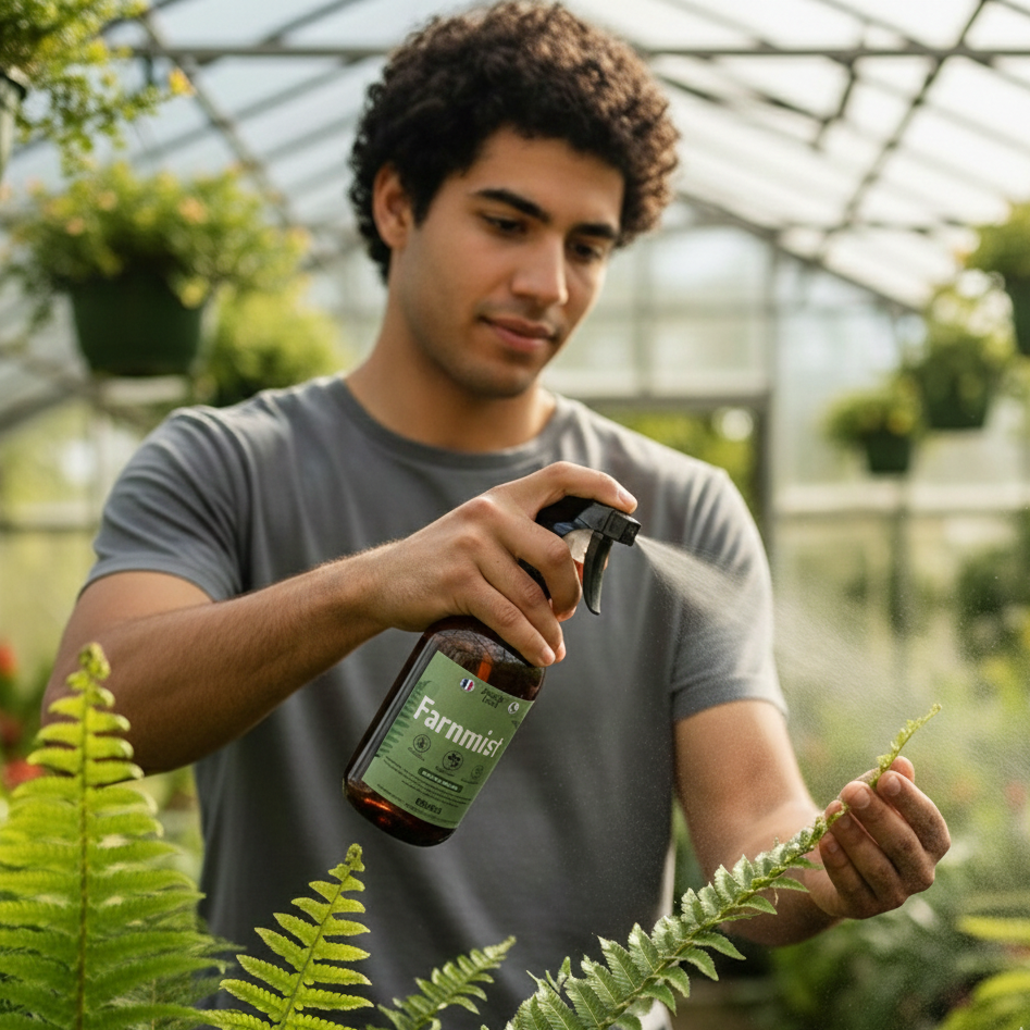 Gärtner beim Besprühen von Pflanzen mit Jungle Feed Farnjauche, um sie zu stärken und vor Schädlingen zu schützen.