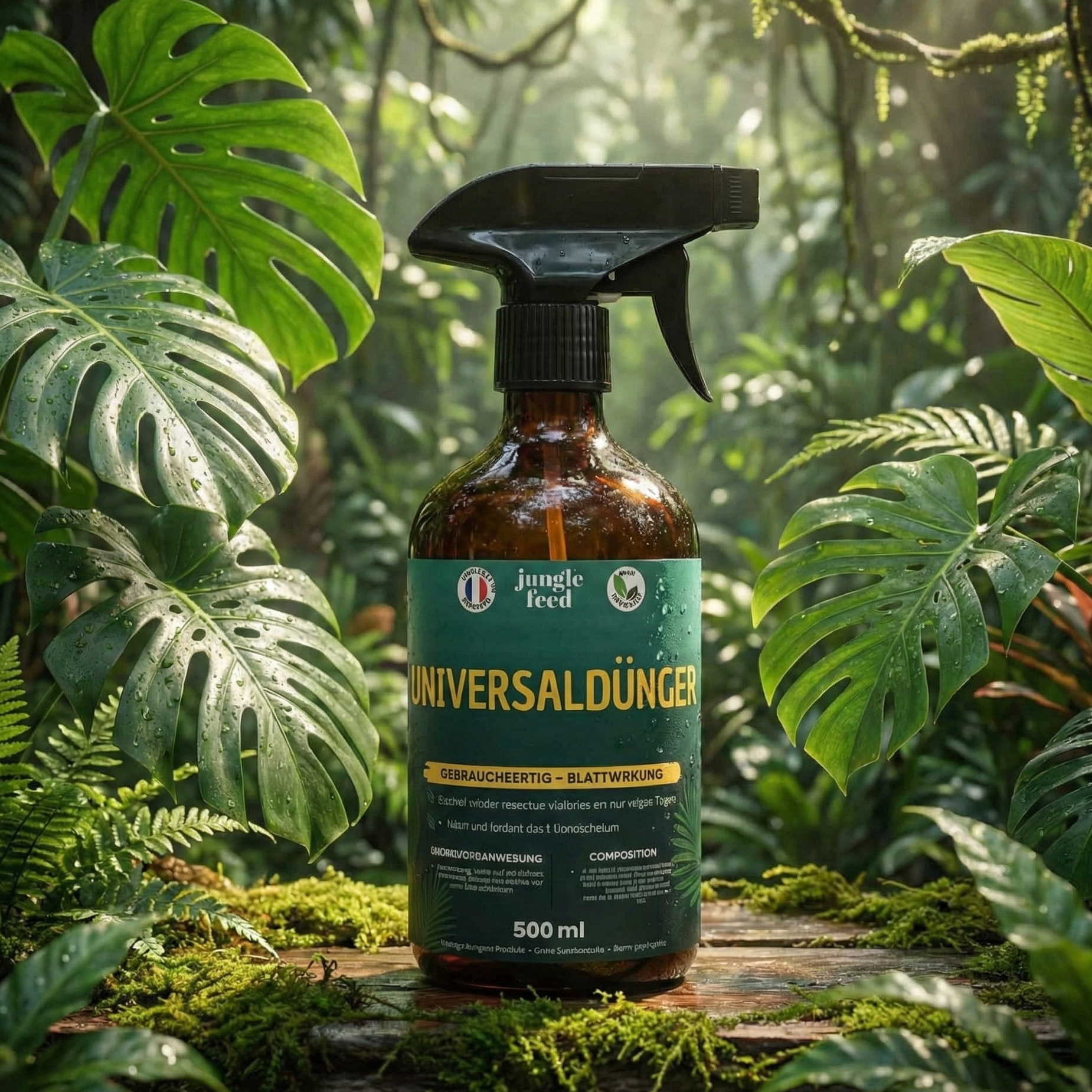Der ideale Bio-Dünger für Zimmerpflanzen: Jungle Feed Universal-Spray. Geruchlose Formel für schnelle Blattwirkung. Gebrauchsfertig & natürlich. Made in France.