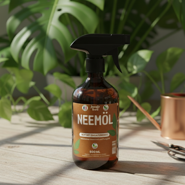 500ml Sprühflasche Bio-Neemöl von "Jungle Feed", sofort einsatzbereit, auf einem Holztisch mit einer Monstera-Pflanze und einer Gießkanne. Natürliches Insektizid und Fungizid für Zimmerpflanzen