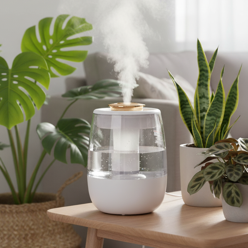 Ultraschall-Luftbefeuchter in modernem Design zwischen Monstera und Sansevieria Pflanzen, verbreitet feuchten Nebel für optimale Luftfeuchtigkeit