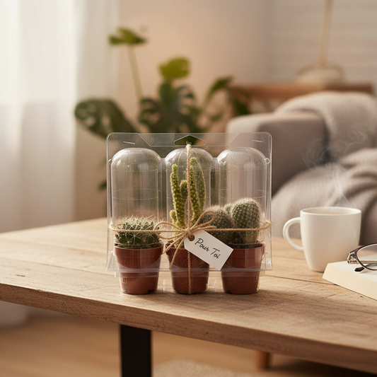 Coffret cadeau transparent avec trois mini cactus en pot et une étiquette "Pour Toi"