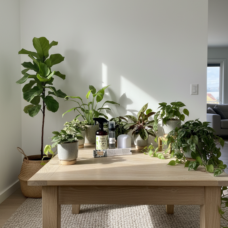Kit de protection d'hiver pour plantes d'intérieur Jungle Feed dans un appartement moderne. L'ensemble comprend un diffuseur d'huiles essentielles, une brume nettoyante et un purin d'ortie, posés sur une table en bois avec des plantes en arrière-plan.