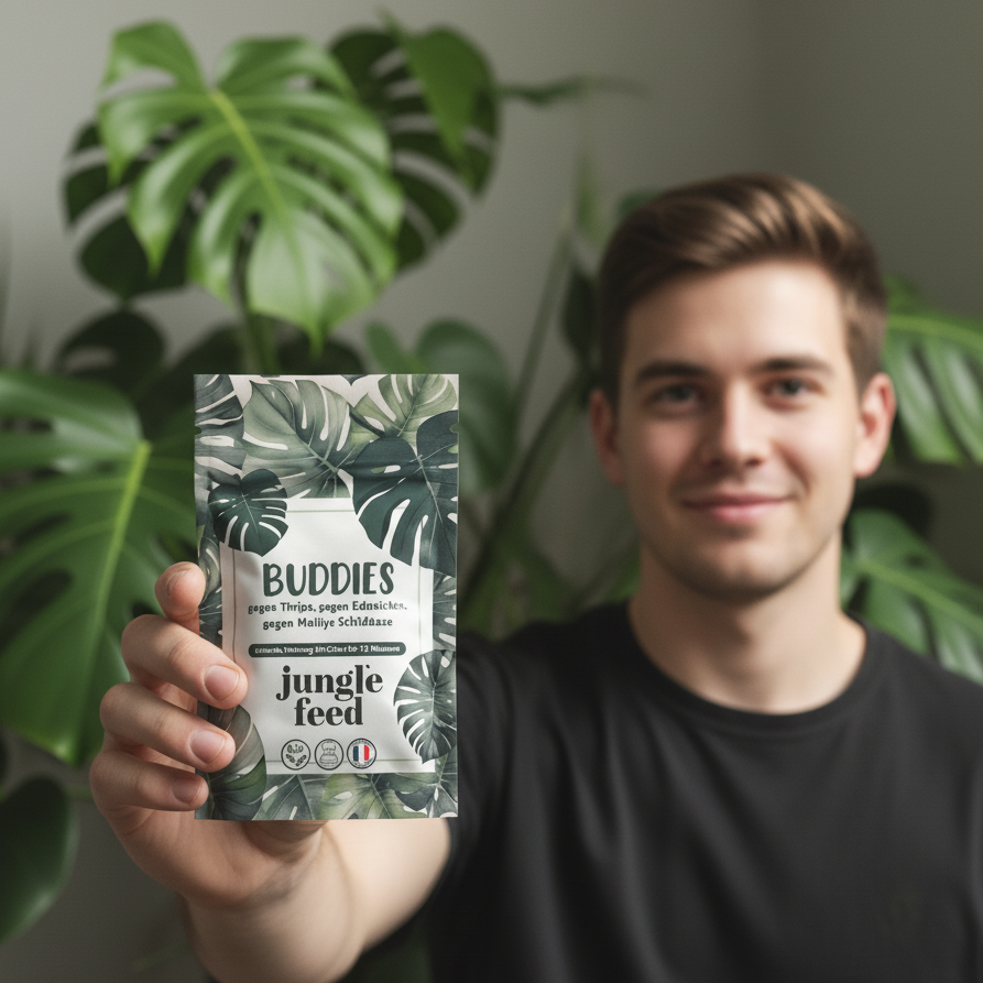 Lächender junger Mann hält Buddies Jungle Feed vor einer großen Monstera-Pflanz