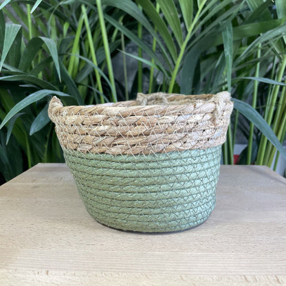 Panier tressé en fibres naturelles avec une base verte, idéal pour la décoration intérieure ou le rangement