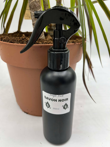 Savon noir en spray derrière une plante 